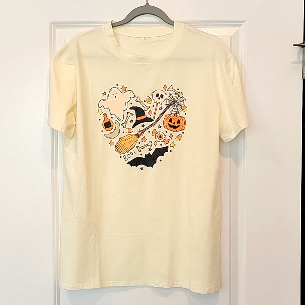 Halloween Women's Size XL Ivory Graphic  TEE Ghost Witch Bats & Pumpkins NEW